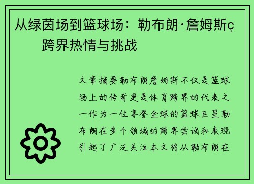 从绿茵场到篮球场：勒布朗·詹姆斯的跨界热情与挑战